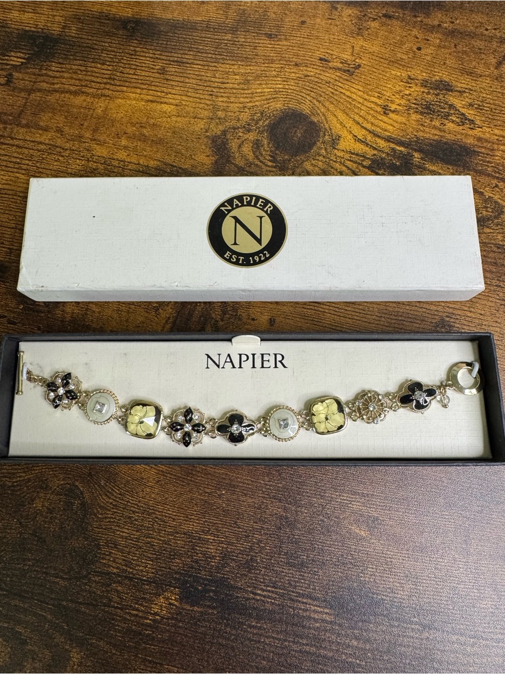 Napier Gold, Black and Cream Floral Link Bracelet - Enamel and Rhinestone